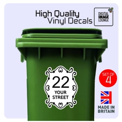 4 x WHEELIE BIN NUMBERS PRINTED CUSTOM HOUSE ROAD / STREET NAME STICKERS SCROLL